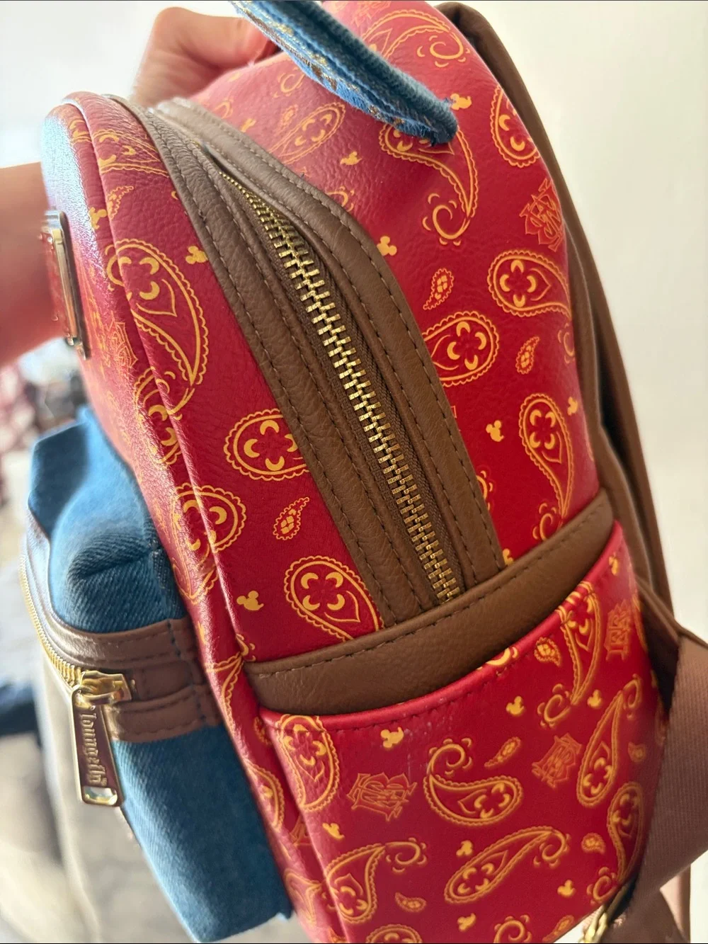 Loungefly Red Paisley Kids Mini Backpack with Denim Front Pocket